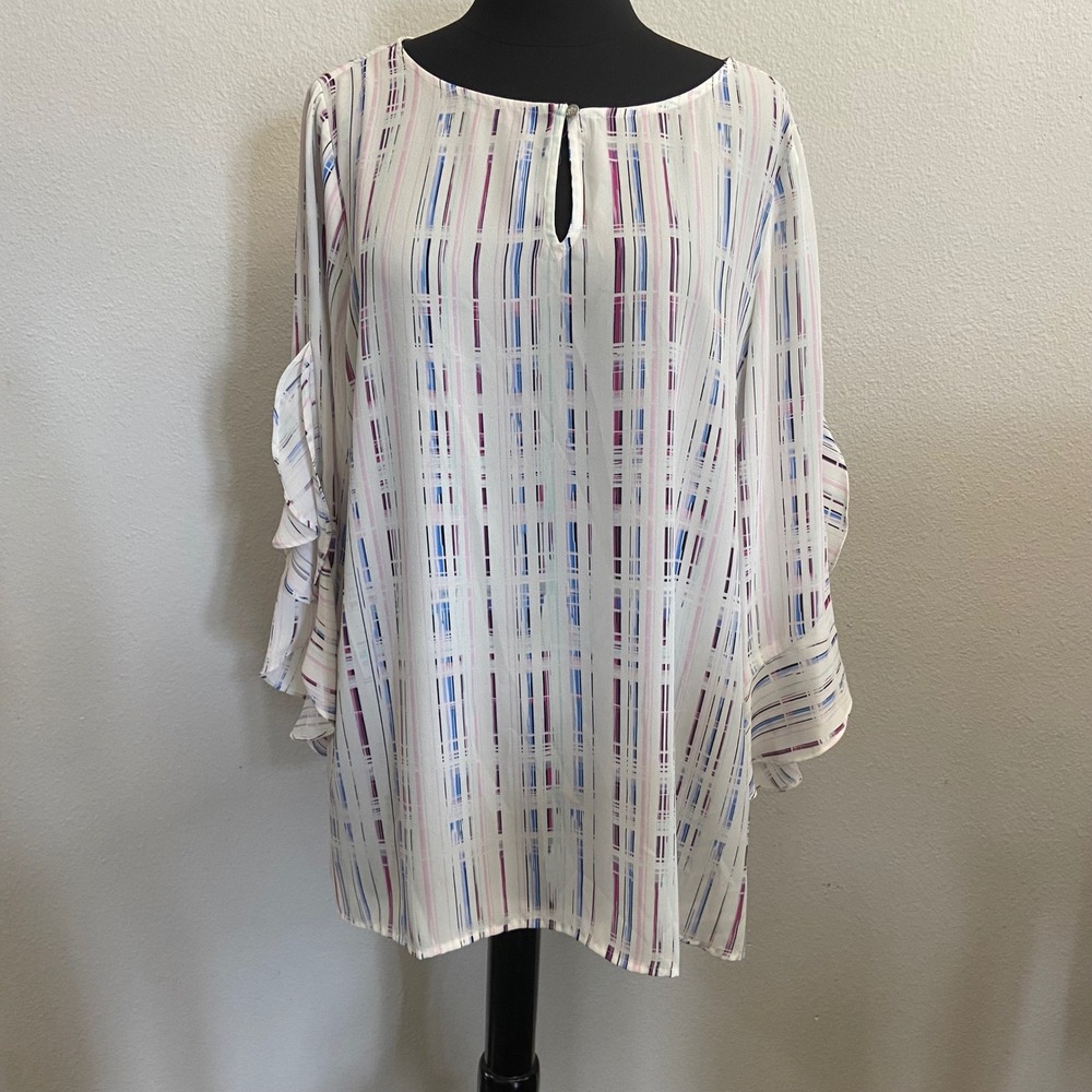 Chaus New York Women's Blouse Ruffle Sleeve Keyhole Striped Top Career‎ Casual L